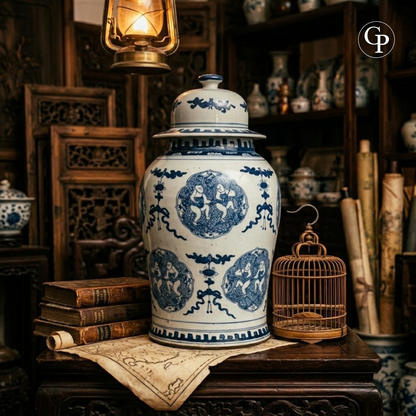 Grand vase balustre couvert en porcelaine de Chine bleu et blanc du XIXe siècle à décor d'enfants pêcheurs mis en scène dans un cabinet de curiosités d'antiquités | Large 19th century Chinese blue and white porcelain covered baluster vase decorated with fishing children presented in an antique collector environment