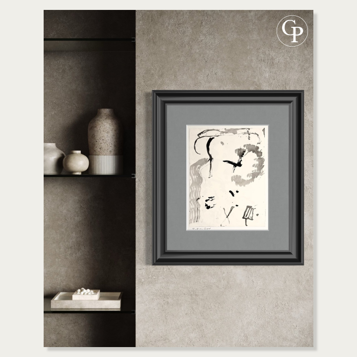 Hanna Ben-Dov original ink painting with a black frame and grey mat on a textured concrete wall next to a modern shelf with ceramics | Peinture originale à l'encre de Hanna Ben-Dov avec cadre noir et passe-partout gris sur un mur en béton texturé à côté d'une étagère de céramiques
