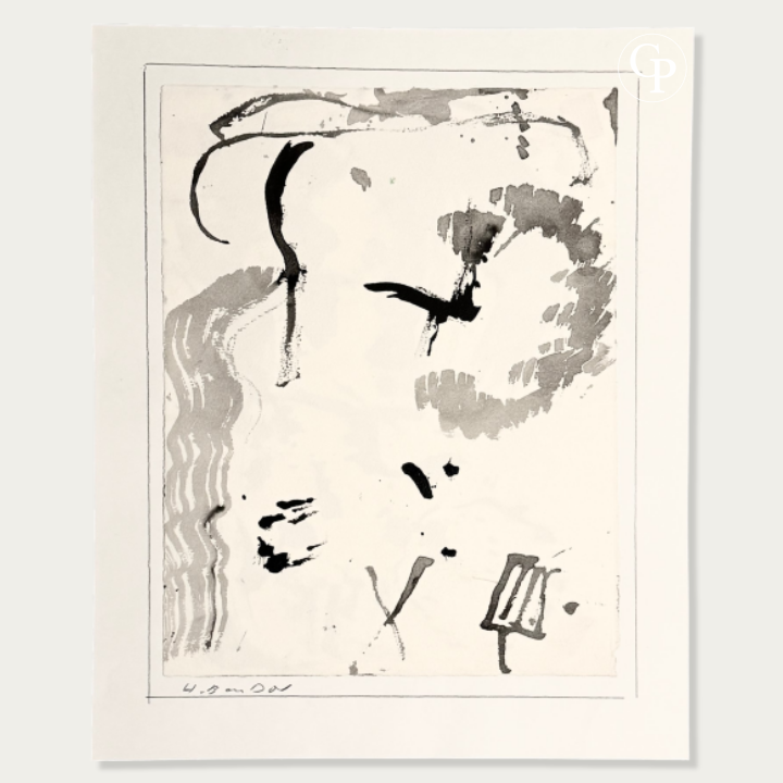Full studio view of Hanna Ben-Dov original lyrical abstraction ink painting on its historical paper mount with pencil signature on the bottom left against a black background | Vue complète en studio de la peinture originale à l'encre d'Hanna Ben-Dov posée sur son support papier fort historique avec signature au crayon en bas à gauche sur fond noir