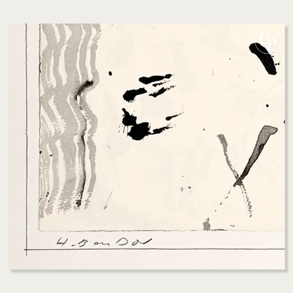 Macro close-up detail showing the hand-written pencil signature H. Ben Dov on the lower left corner of the original ink painting with Galerie Popincourt logo | Gros plan détaillé mettant en valeur la signature originale au crayon H. Ben Dov dans le coin inférieur gauche de l'œuvre à l'encre avec logo Galerie Popincourt