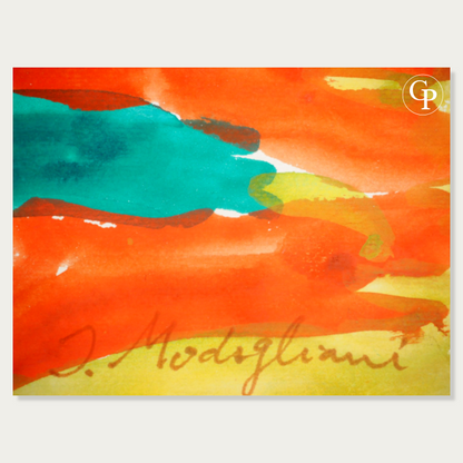 Close-up of Jeanne Modigliani hand signature on the bottom right of the original abstract gouache painting with vibrant orange and turquoise colors | Gros plan sur la signature manuscrite de Jeanne Modigliani en bas à droite de la peinture gouache abstraite originale aux pigments intenses orange et turquoise