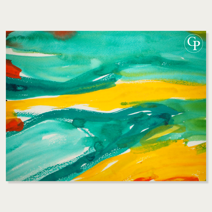 Detailed view of Jeanne Modigliani lyrical abstraction focusing on fluid turquoise, emerald green and bright yellow watercolor brushstrokes on paper | Vue détaillée d'une abstraction lyrique de Jeanne Modigliani montrant la fluidité des touches d'aquarelle turquoise, vert émeraude et jaune vif sur papier
