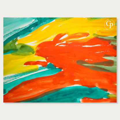 Macro photography detail of Jeanne Modigliani painting showing vibrant red, yellow and turquoise brushstrokes and gouache texture on paper | Zoom macro sur l'œuvre de Jeanne Modigliani révélant les coups de pinceau vifs rouge, jaune et turquoise et la texture de la gouache sur papier