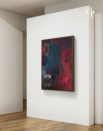 Mise en situation du tableau Connivence (1961) par Silvin Bronkart exposé dans une galerie au style moderne et épuré | In-situ view of Silvin Bronkart oil painting Connivence (1961) displayed in a bright modern minimal gallery