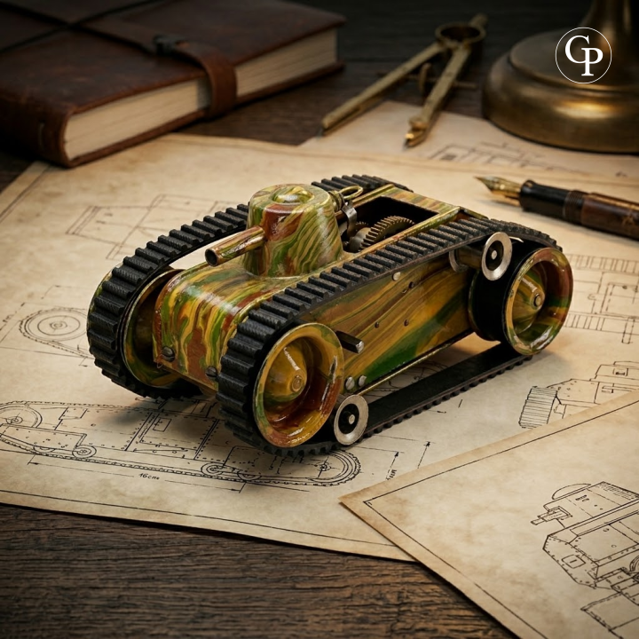 Tank MÄRKLIN automate blindé Type L circa 1917 en tôle peinte à la main sur plan technique | Vintage Märklin Type L hand-painted tinplate clockwork tank model circa 1917 on blueprints