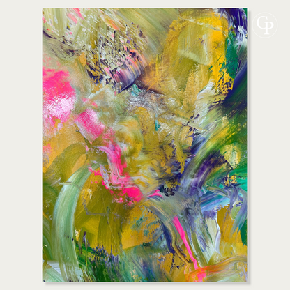 Detailed close up of Timo Wedell abstract painting Tropische Pflanzen XXL, showing golden hues, purple streaks, and intense mixed media textures | Gros plan sur les détails de la toile Tropische Pflanzen XXL de Timo Wedell, mettant en valeur les nuances de jaune d'or, de violet et les reliefs de la peinture acrylique