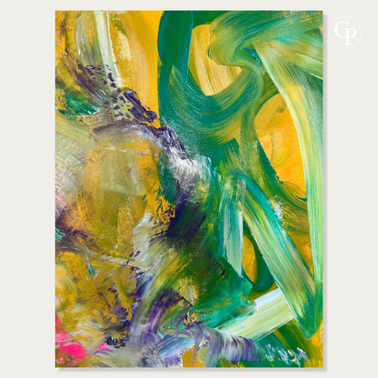Detailed view of Timo Wedell abstract painting Tropische Pflanzen XXL, featuring emerald green swirls, textured white brushstrokes, and golden background | Vue détaillée de la toile Tropische Pflanzen XXL de Timo Wedell, montrant les mouvements vert émeraude, les coups de pinceau texturés et le fond jaune d'or