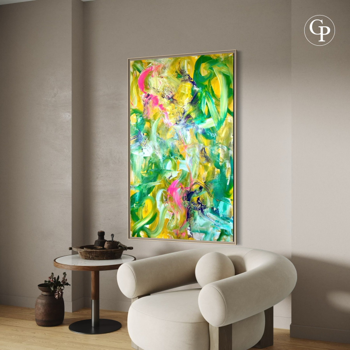 Timo Wedell original XXL abstract expressionist painting Tropische Pflanzen styled above a modern beige armchair in a luxury living room mockup | Œuvre originale sur toile géante Tropische Pflanzen de Timo Wedell installée au-dessus d'un fauteuil design dans un salon contemporain chic