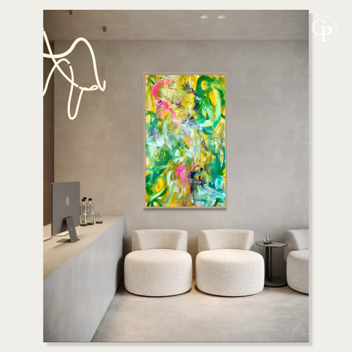 Timo Wedell original XXL abstract expressionist painting Tropische Pflanzen styled in a luxury office lobby or corporate reception mockup | Tableau expressionnisme abstrait contemporain Tropische Pflanzen XXL de Timo Wedell mis en situation dans un bureau haut de gamme ou espace d'accueil professionnel de luxe