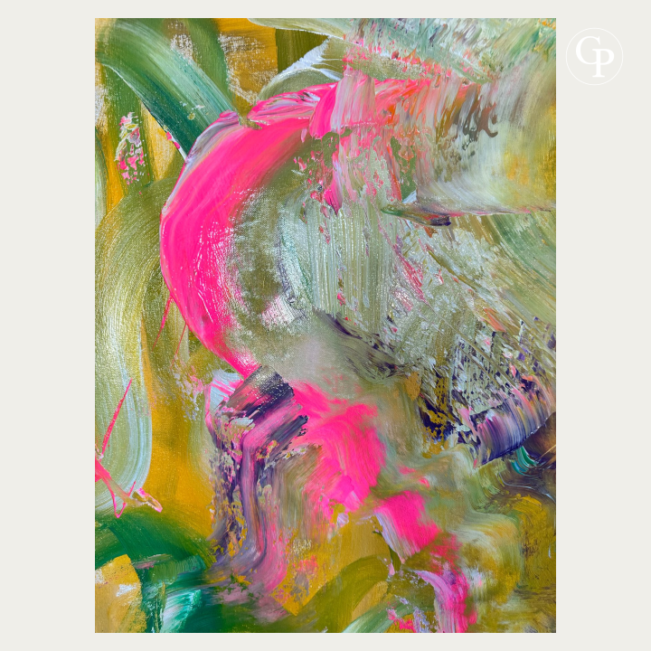 Macro macro detail of Timo Wedell abstract expressionist painting Tropische Pflanzen XXL, neon pink brushstrokes and heavy textured palette knife marks | Gros plan macro sur la peinture abstraite Tropische Pflanzen XXL de Timo Wedell mettant en relief les touches de rose néon et le travail texturé à la spatule